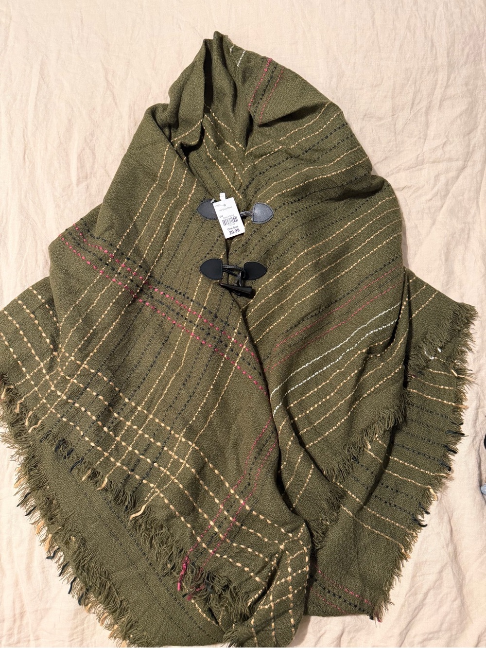 Olive Green Plaid Hooded Poncho Shaw NWT